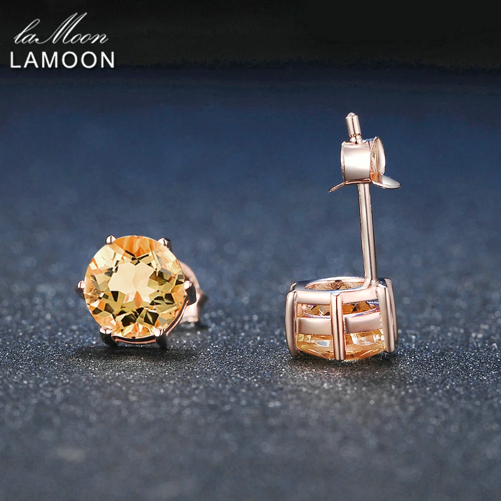 LAMOON 7mm 1.2ct Round Natural Citrine 925 Sterling Silver Simple Stud Earrings Jewelry S925 For Women LMEI027