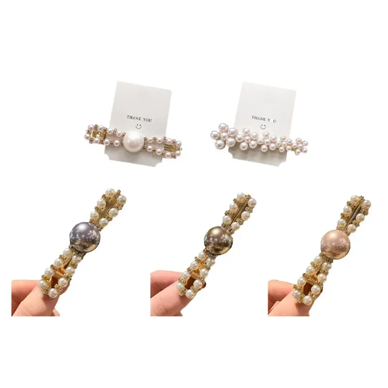 

Women Ladies Elegant Metal Alloy Duckbill Hairpins Geometric Flower Shape Side Hair Clips Luxury Faux Pearl Glitter Rhinestone V