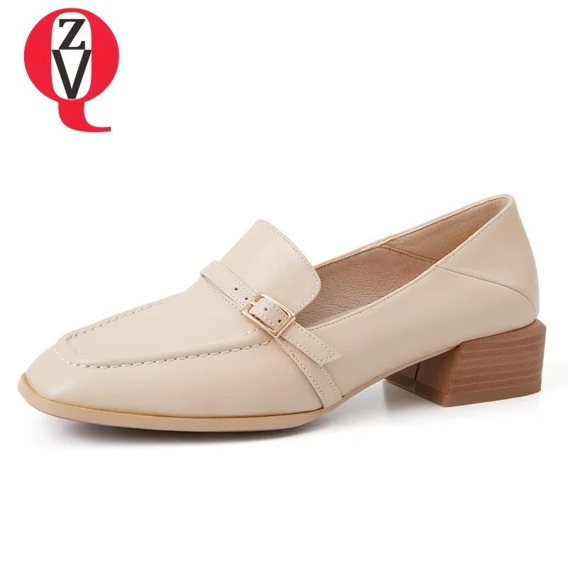 

ZVQ shoes women 2019 spring new cocise casual high quality genuine leather buckle women pumps outside apricot beige ladies shoes