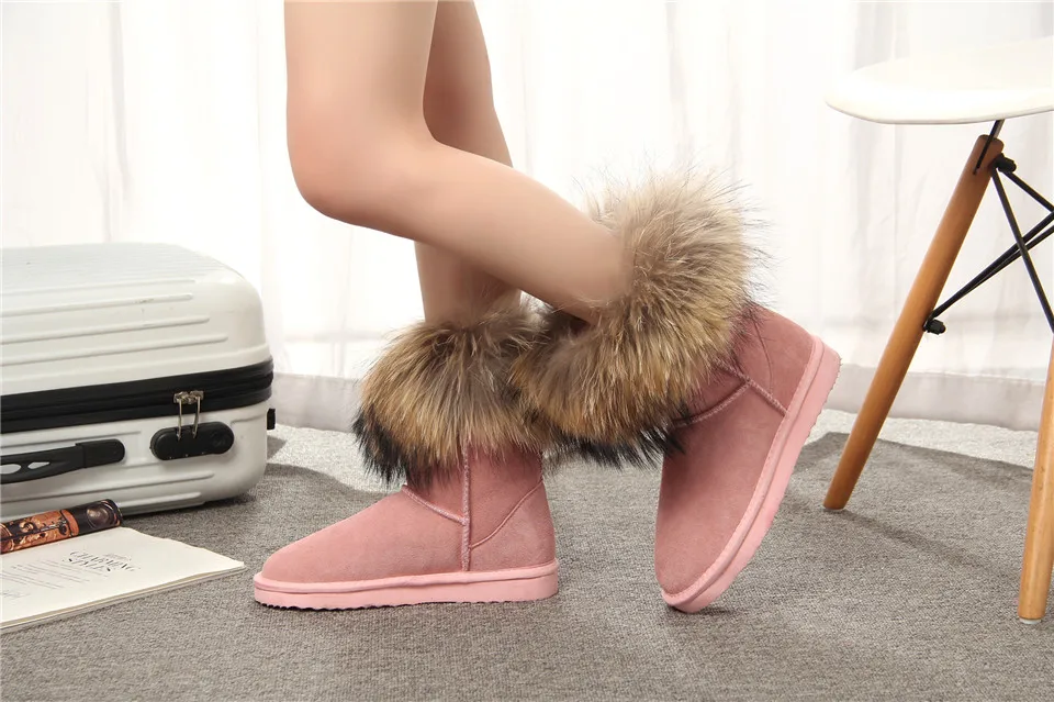 MBR FORCE Fashion Women's Natural Real fox Fur Snow Boots Genuine Cow Leather women Boots Female Warm Winter Boots Shoes