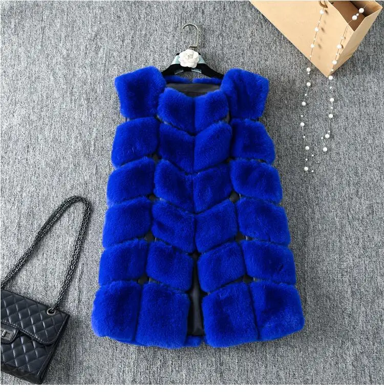 MSAISS, зимнее пальто из кроличьей шерсти, женский жилет из искусственного меха, клетчатая теплая куртка из искусственной кожи с карманами, женская меховая верхняя одежда, feminino - Цвет: Синий