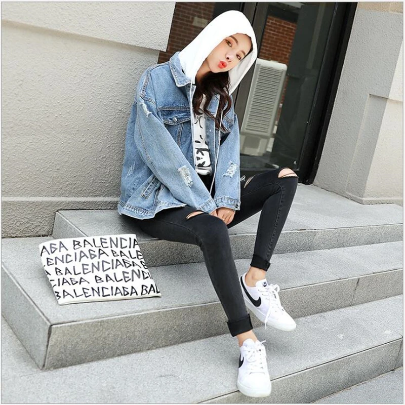 انفصال مقنعين الدنيم سترة النساء إلكتروني التطريز تمزيق حفرة جان معطف الإناث صديقها الدينيم الستر الربيع الخريف G252