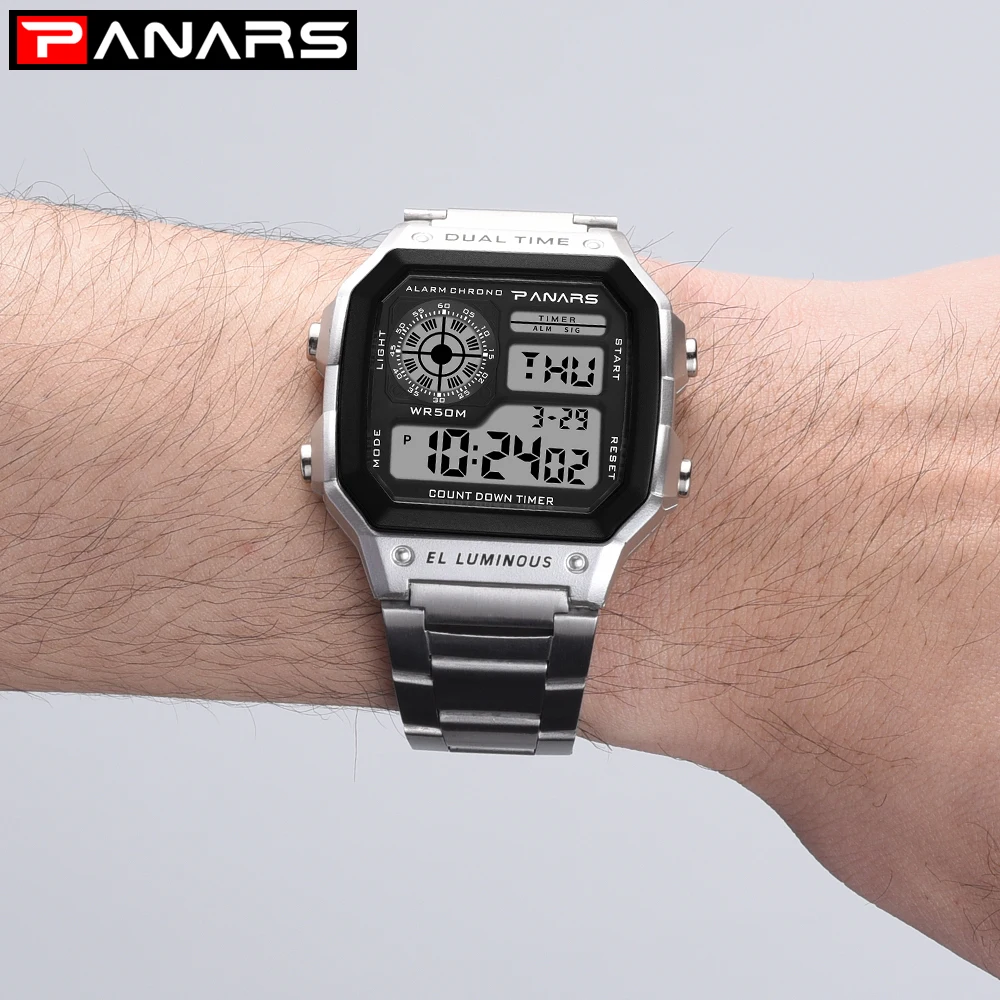 

PANARS Relojes Digitales Men Sports Watches Waterproof Stopwatch Gold Stainless Steel Digital Wristwatche Male Relogio Masculino