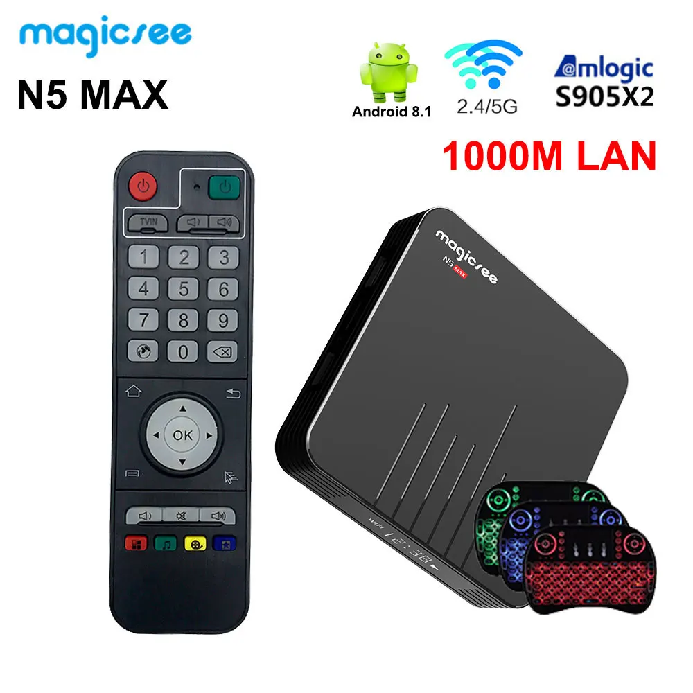 

Magicsee Smart TV Box N5 MAX Android 8.1 S905X2 4GB DDR4 RAM 32GB/64GB ROM 2.4G/5G WiFi 4K H.265 Media Player with i8 keyboard