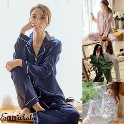 2019 Повседневный женский Шелковый Атласный пижамный комплект с длинными рукавами Домашняя одежда для сна халат