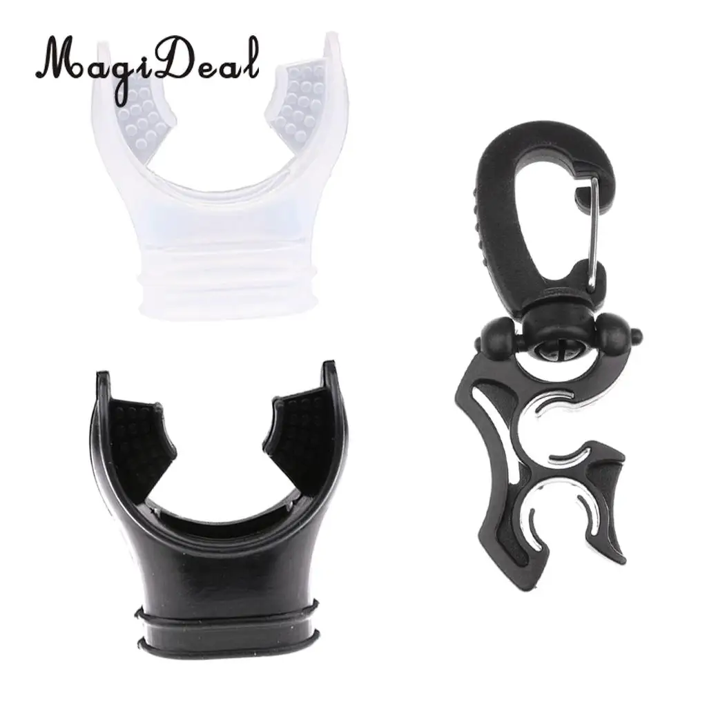 MagiDeal 2Pcs Durable Soft Silicone Dive Mouthpiece Regulator & Tie Wrap + Double Hose Holder Clip for Scuba Diving Snorkeling