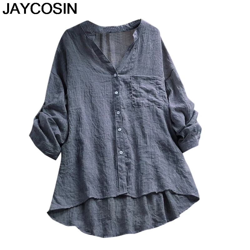 

JAYCOSIN 2019 New Summer Women Top Shirt Solid Cotton Linen Casual See Through Long Sleeve V-neck Pocket Top Arriba je26