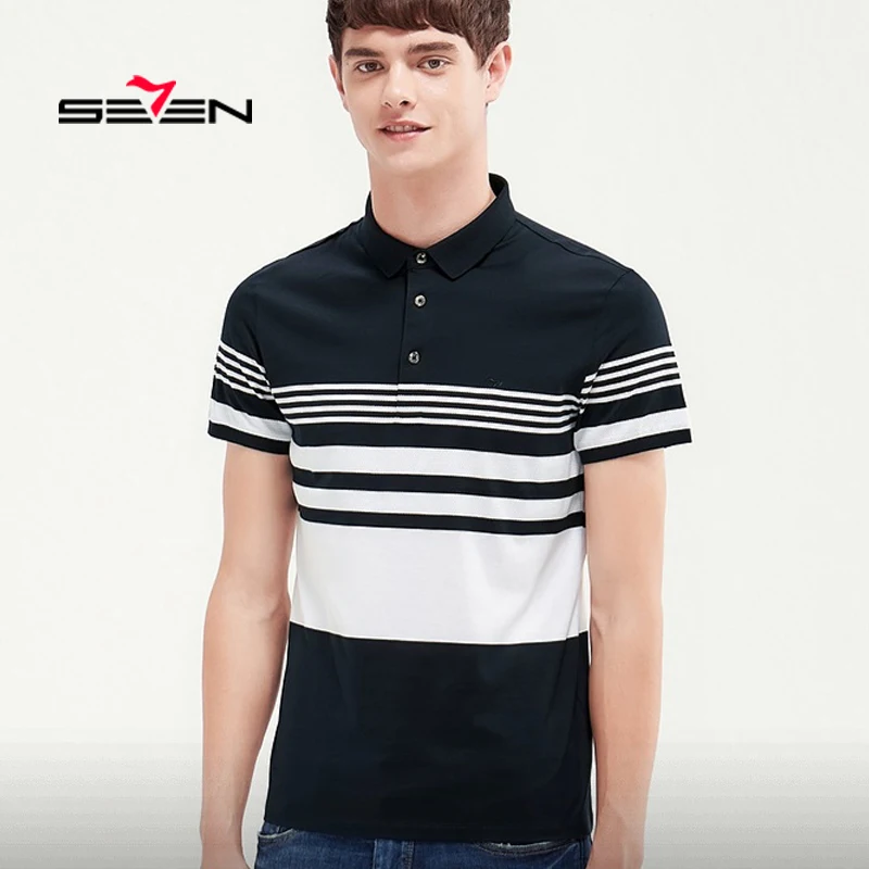 

Seven7 2019 New High Quantity Man Short Sleeve Casual Men Shirts Slim Fit Polo Mercerized Cotton Srtiped Mens Polos 116T50130