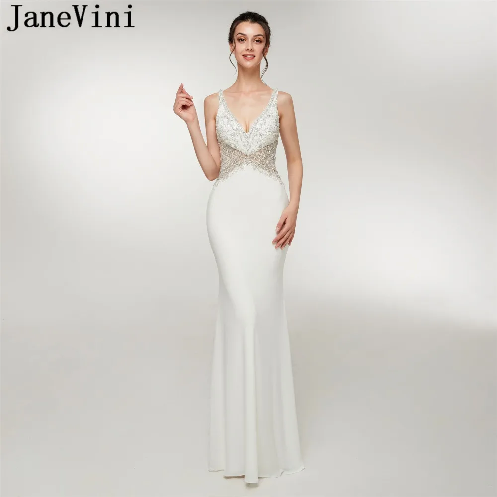 JaneVini Luxe Crystal Mermaid Wit Avondjurk 2019 Sexy Diepe V-hals Kralen Backless Satin Lange Avondjurken Abito Lungo JaneVini Luxe Crystal Mermaid Wit Avondjurk 2019 Sexy Diepe V-hals Kralen Backless Satin Lange Avondjurken Abito Lungo