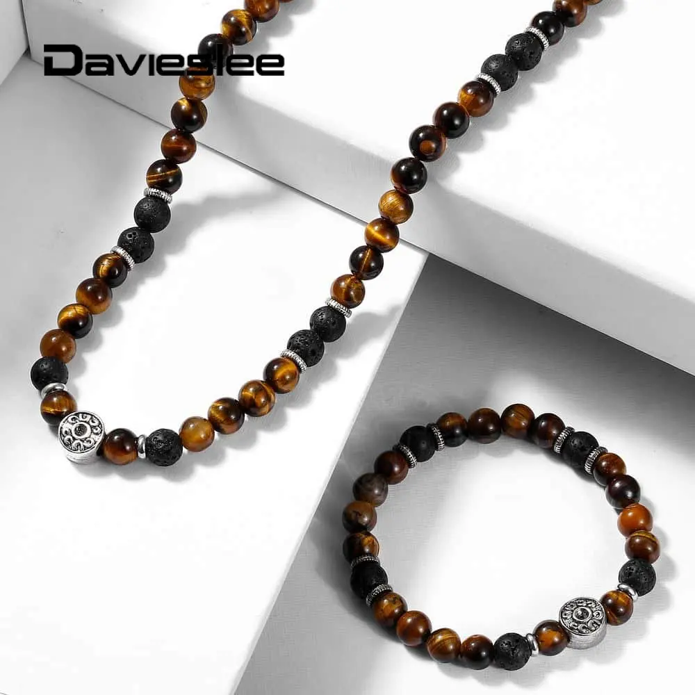 

Tiger Eye Stone Womens Mens Bracelets Necklace Set Lava Bead Bracelet Stainless Steel Charm Bead Jewelry Sets Unisex Link LDS04