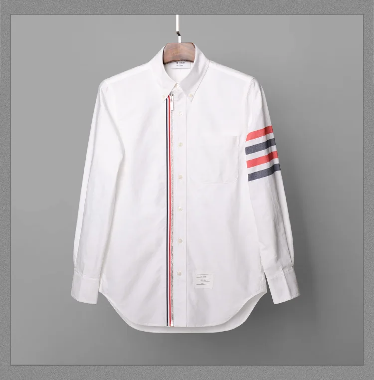 Fashion TB THOM Brand Shirts Men Slim Fit White Long Sleeve Casual Shirt Zipper Striped Cotton Oxford Solid Men's Clothing