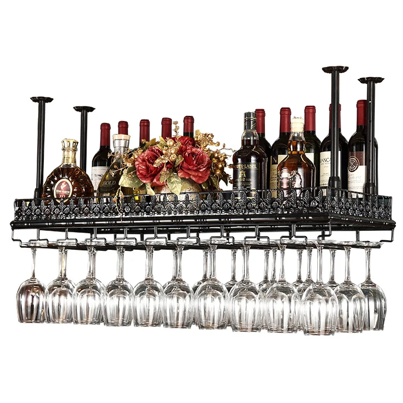 

Vintage Ceiling Hang Upside Down Wine Goblet Holders Bronzed Black Iron Metal Casting Tall Glasses Bottle Storage Bar Pub Racks