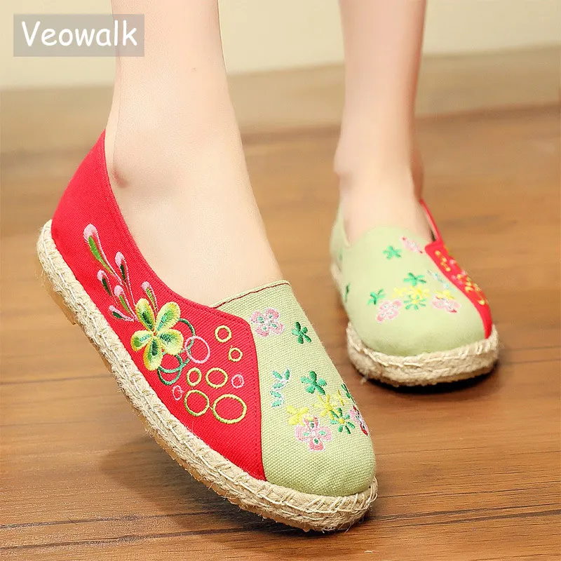 Coton Veowalk Broderie Bas Espadrilles Plates Chaussures Lin Florale vert Mocassins Dames Beige bleu Main Toile Chanvre Slip Femmes Confort on qBFxwBXr