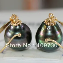 Ry00124 ОГРОМНЫЙ ПАРА 14X10.5 ММ ПРИРОДНЫЙ TAHITIAN ПОДЛИННЫЙ ЧЕРНЫЙ ПАДЕНИЕ ЖЕМЧУЖНОЙ СЕРЕЖКОЙ