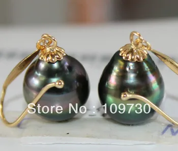 

ry00124 HUGE PAIR 14X10.5MM NATURAL TAHITIAN GENUINE BLACK DROP PEARL EARRING