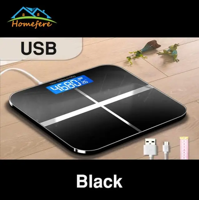 USB Charging Model Bathroom Floor Body Scale Glass Smart Household Electronic Digital Weight Balance LCD Display 180KG/50G - Цвет: Black USB