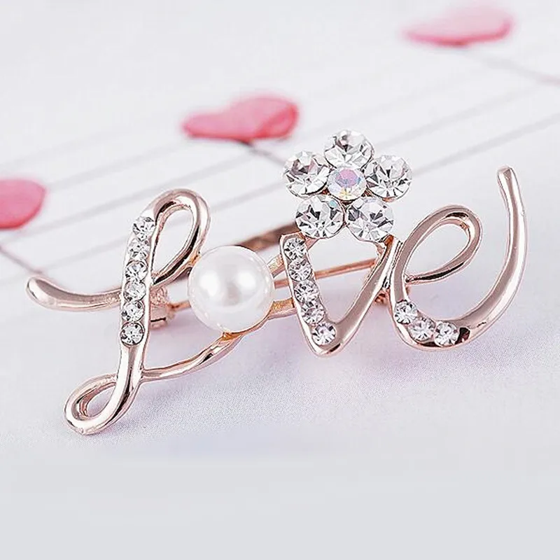 

Hot LOVE English Letters Design Brooches Pins Elegant Crystal Flower Brooch Clothes Accessories Corsage Jewelry For Wedding