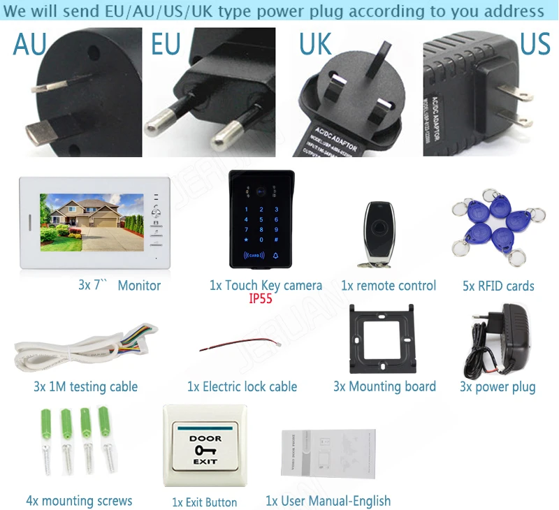 JERUAN проводной 7 ''ЖК-дисплей видеофонная дверная система 3 белый монитор 700TVL RFID водонепроницаемый сенсорный клавиша пароль, клавиатура