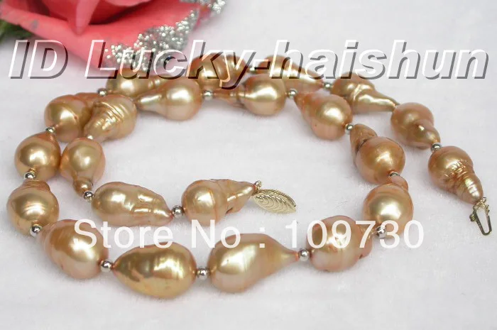 

Jewelry 00413 20mm baroque champagne Reborn Keshi pearl necklace 14KGP