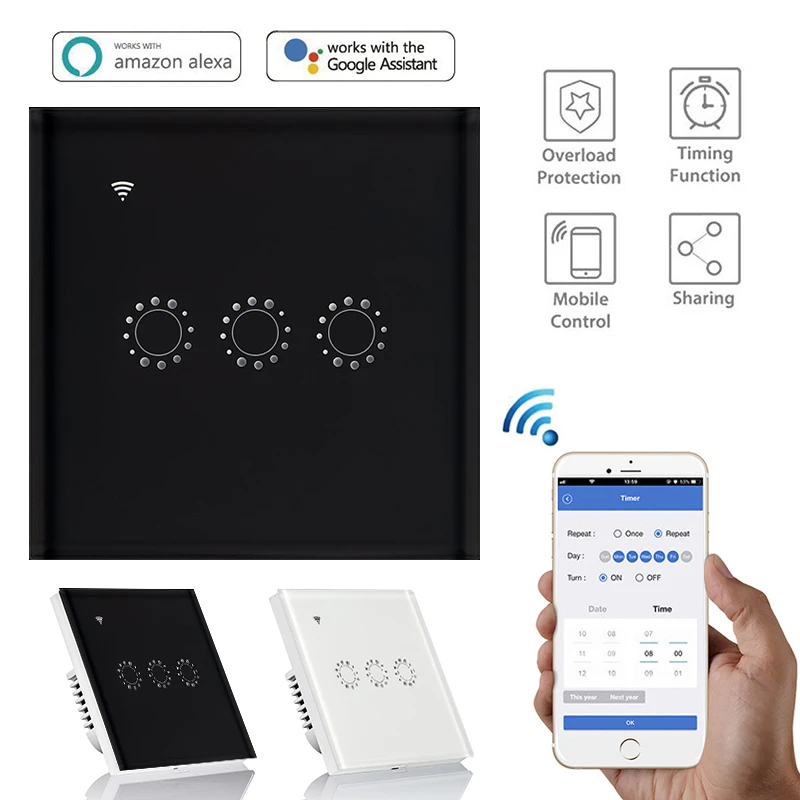 1/2/3 Gang Wi-Fi Touch Switch Wall Light Panel Wireless Intelligence Timing&Remote Control APP Work with Alexa Google Home