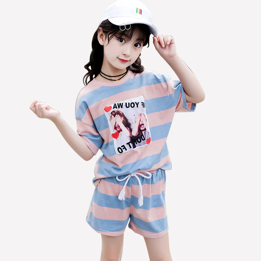 

Baby Girl Set Fashion Teenage Girl's Clothes Print Short Sleeve T-Shirt + Striped Shorts 2 Piece Set Children's Sports Set