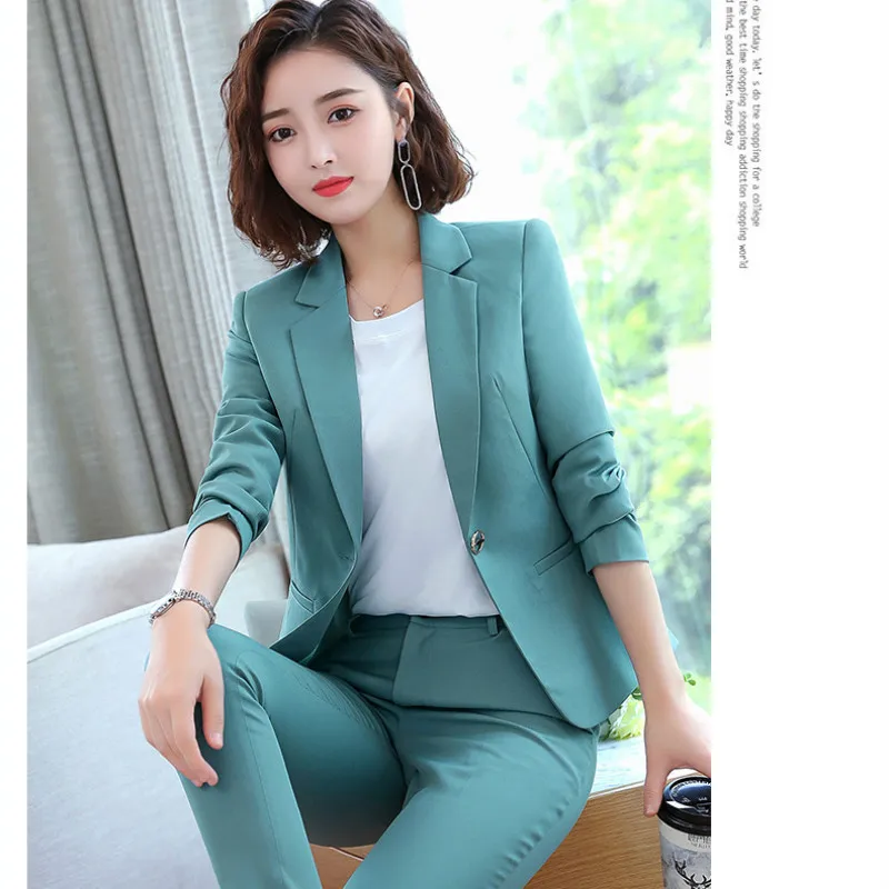 Elegant Suits Female Pink and Green Color Women Pant Suits Office Lady Formal Work Wear Business Uniforms Autumn 2 Piece Set 4XL