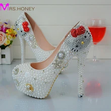 Cartoon Hello Kitty Rhinestone Wedding Shoes White Pearl Spring Autumn Lady Party Shoes Anniversary Party Prom Heels Big Size 45