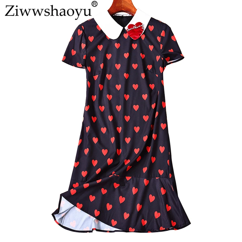 

Ziwwshaoyu Fashion Love Print dresses Peter pan Collar Diamonds temperament Loose dress Spring and summer new women's