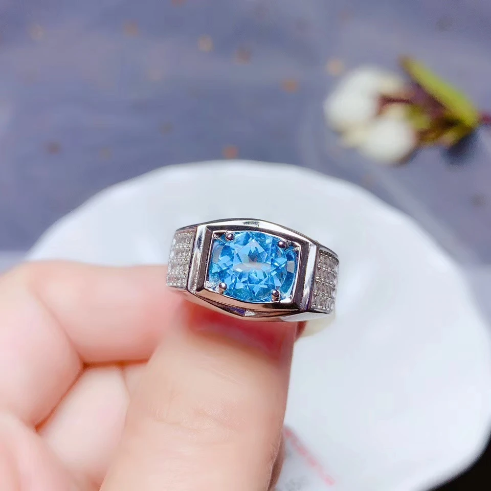 Classic Blue Topaz Ring For Men Silver Jewelry Natural Gem 925 Sterling Silver Good Gift