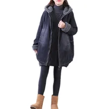 New Women Denim Jacket Spring Lamb Hair Plus Velvet Thickening Hooded Outerwear Winter Medium Long Warm Loose Cowboy Coat Lj277
