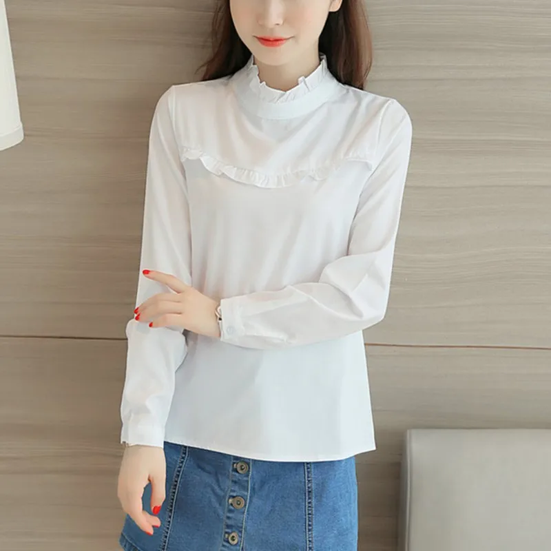 Женская блузка, белая рубашка, топ, Femme, повседневная, стоячая, OL, для работы, одноцветная, блузки, 2 стиля - Цвет: White long sleeve