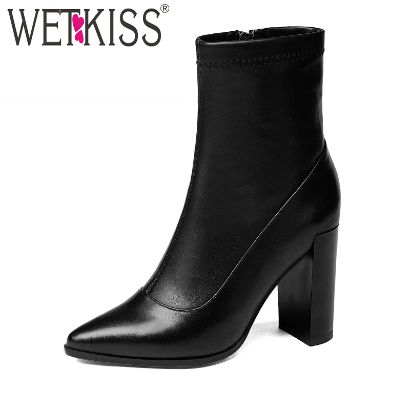 

WETKISS Brand Concise Style Ankle Boots Women's Spring Boots Stretch Female Shoes Woman Genuine Leather Slip On High Heels Shoes