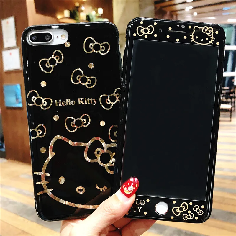 

For iPhone 8 8plus Hello Kitty Case + Tempered Glass Screen film , plating smooth bing Cute case for iPhone 6 6S 6SPlus 7 7plus