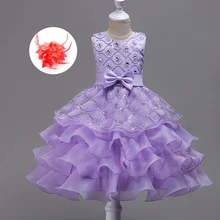 Детская одежда для мероприятий; элегантное праздничное бальное платье с оборками и цветочным узором для девочек; цвет синий, белый, лавандовый; пышные платья для девочек