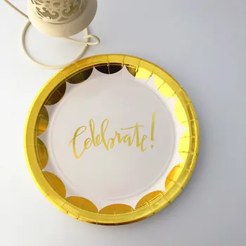 

16pcs Foil Gold 9inch Round Metallic Scallop Paper Plates Celebrate Letter Plates Birthday New Year Party Decoration