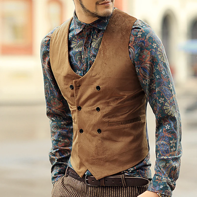 

2018 New European style suit vest waistcoat solid winter men's double breasted velvet vest men cotton slim casual brand design