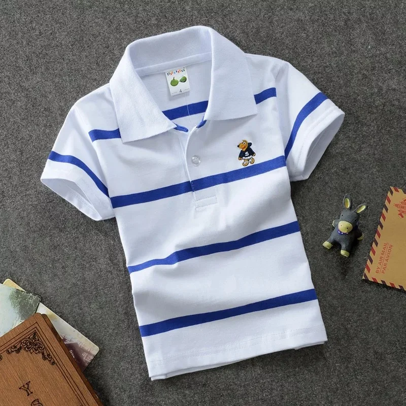 

0-15 Years Old Children's Summer New Children's Cotton Striped Short-sleeved Shirt Lapel Big Boy
