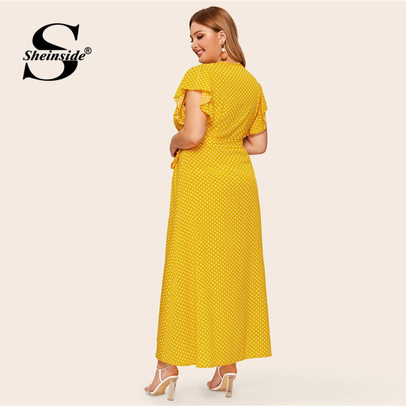 Sheinside Plus Size V Neck Polka Dot Dress Women Summer Flounce Sleeve Shirt Dresses Ladies Button Up Detail Maxi Dress