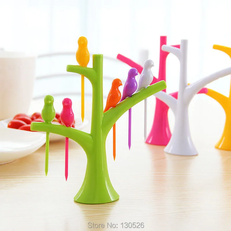 

Tableware Dinnerware Sets Creative Tree+Birds Design Plastic Fruit Forks 1 Stand+6 Forks Vegetable Fork Kitchen Accessories