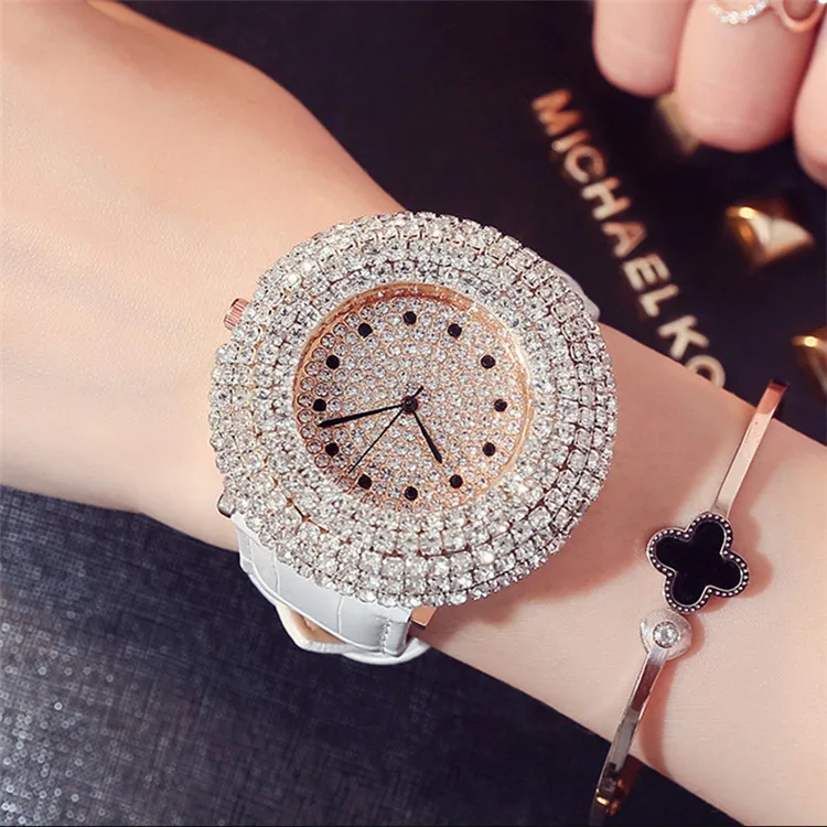 Изысканные кварцевые наручные часы со стразами и кристаллами 4 модных цвета женские часы с кожаным ремешком красивые женские лучшие подарки - Цвет: White