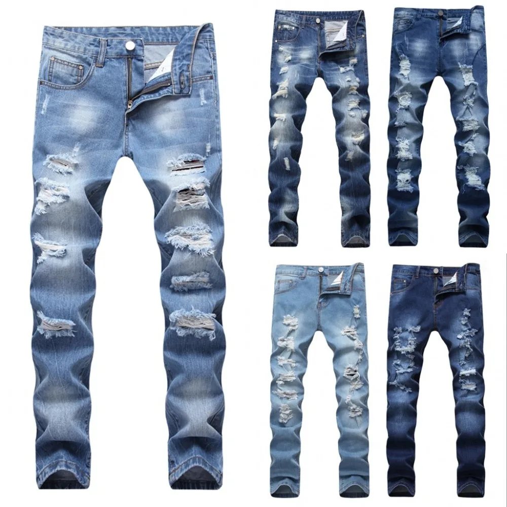 Designer Men S Ripped Jeans Slim Fit Light Blue Denim Joggers Male Distressed Destroyed Trousers Button Fly Pants Button Fly Pants Jeans Pantsmens Ripped Jeans Aliexpress