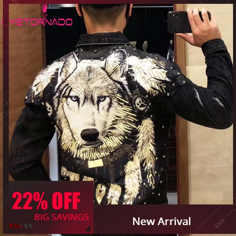 Sequined Wolf Rivet Denim Jacket Plus Size Men Single Breasted Pockets Punk Streetwear Jeans Jacket Korean Style Short Jackets Sequined Wolf Rivet Denim Jacket Plus Size Men Single Breasted Pockets Punk Streetwear Jeans Jacket Korean Style Short Jackets