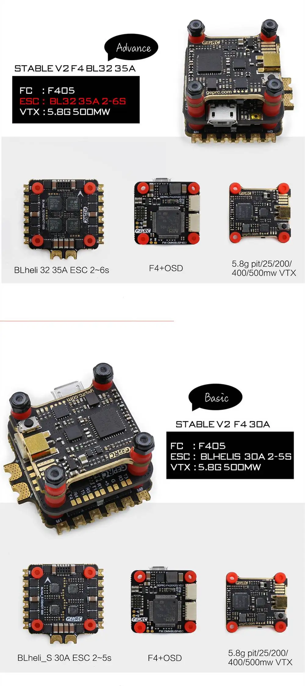 20x20 мм Geprc стабильный V2 F4 стека F4 Полет контроллер AIO OSD BEC & 30A BL_S/35A BL_32 4in1 ESC и 500 mW VTX для Радиоуправляемый Дрон