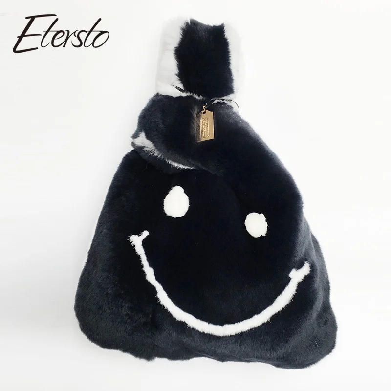 

Etersto 2017 New Women Real Rex Rabbit Skin Handbag Real Rabbit fur Bag Ladies Soft Bags Female Smiling face Bags For Lady