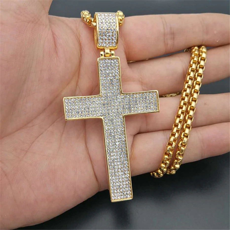 

Men's Necklace Iced Out Big Cross Pendant With Stainless Steel Chain Gold Color Rhinestones Necklace Hip Hop Bling Jewelry
