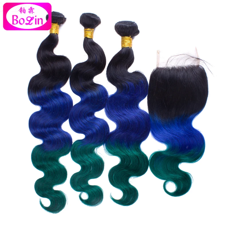 

7A 3Bundle Ombre Malaysian virgin hair body wave with closure 1b/blue/green Three Tone color Unprocessed ombre virgin human hair