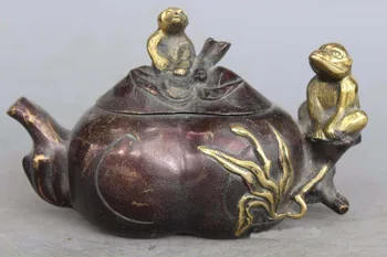 

4"Marked Old Chinese Red copper gilt Lucky Monkey Animal Statue Wine TeaPot