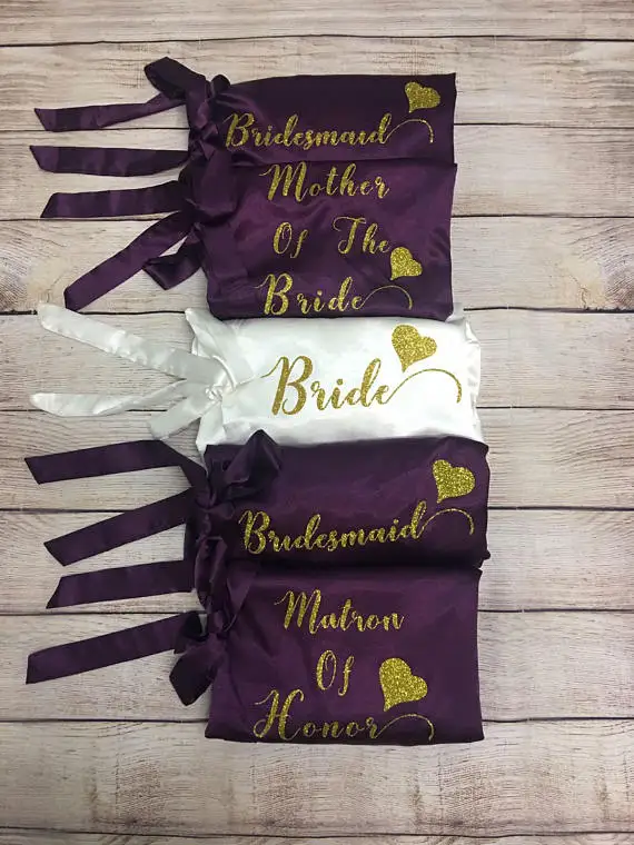 

Personalized glitter wedding Bachelorette Bridesmaid bride satin pajamas robes maid of honor kimonos gowns gifts party favors