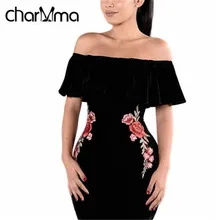 charmMa Spring Summer Vintage Flower Embroidery Sheath Bodycon Vestido Off The Shoulder Evening Party Dress Ladies Robe Black