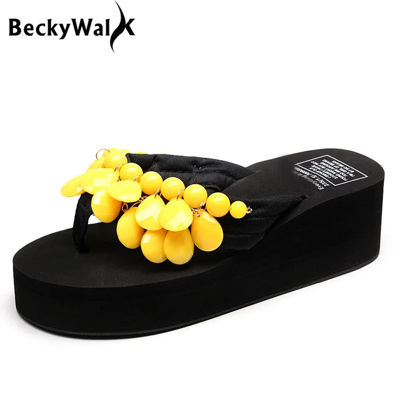 BeckyWalk/повседневная женская обувь на танкетке Шлепанцы ручной работы с бисером